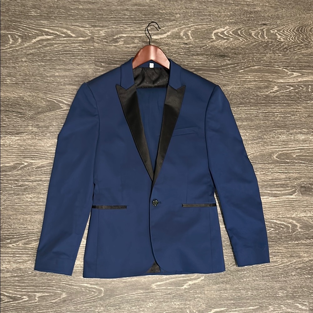 Elegant Blue Tuxedo with Black Satin Lapels